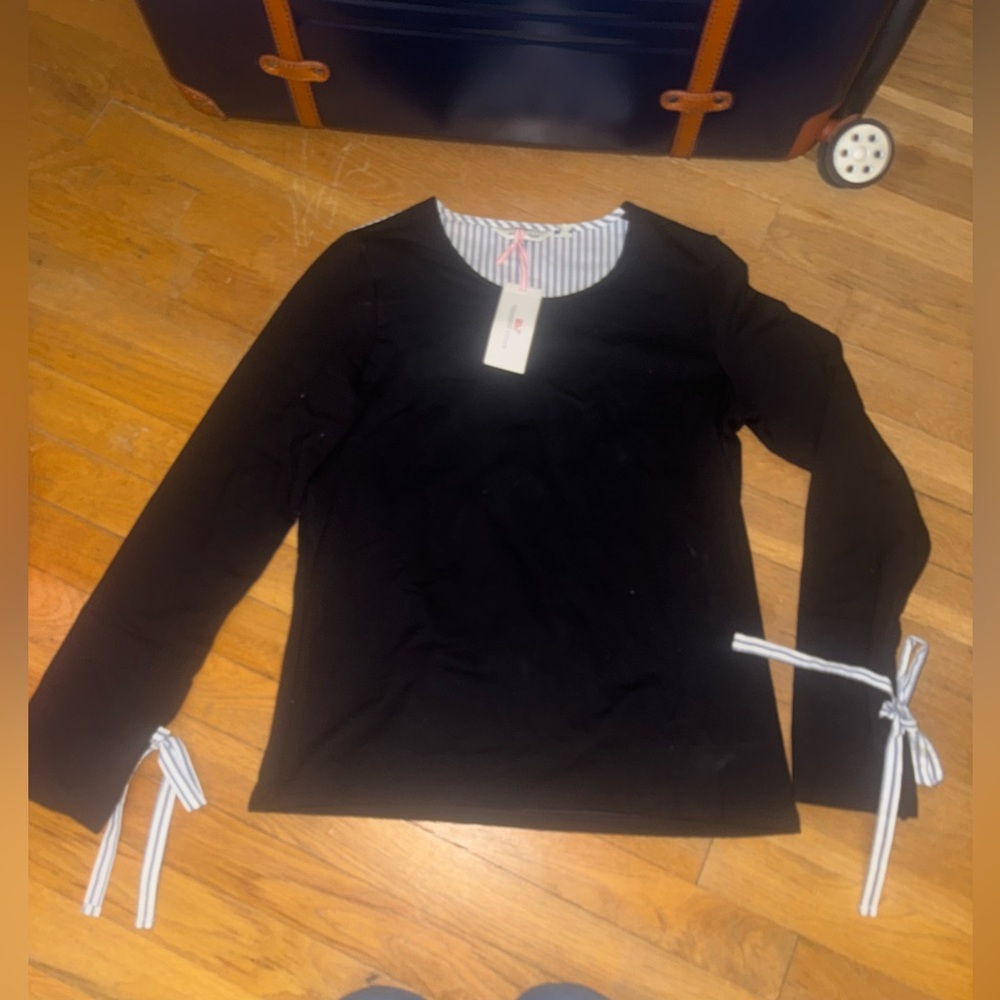 Vineyard Vines Sweater Top Navy Blue Seersucker Ribbon Wrist Ties Womens Medium